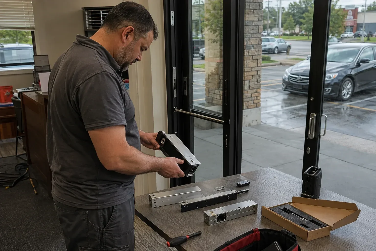 Person holding a rectangular door-hardware housing at a table with additional metal assemblies beside a glass entrance. — Access Control Installation, Whitby