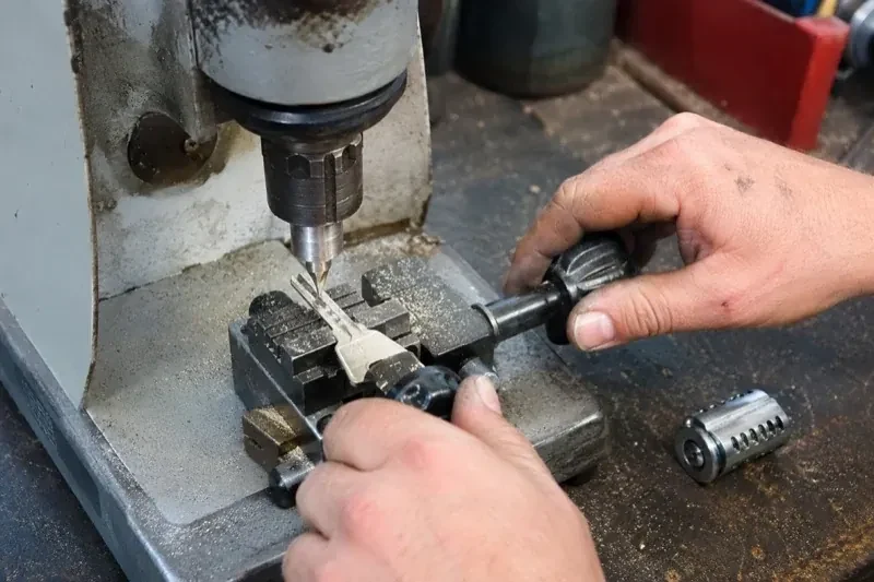 Hands operating a bench-mounted machine with a key clamped beneath a vertical cutter and a loose lock cylinder nearby. — Car Key Replacement, Whitby