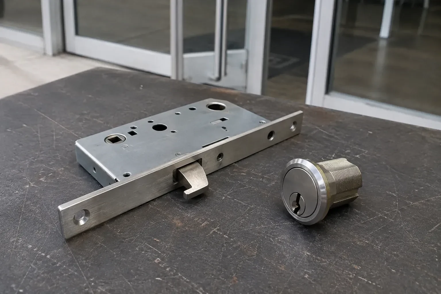 Detached mortise lock body with a projecting hook-shaped bolt beside a threaded cylinder. — Commercial-Grade Lock Replacement, Whitby