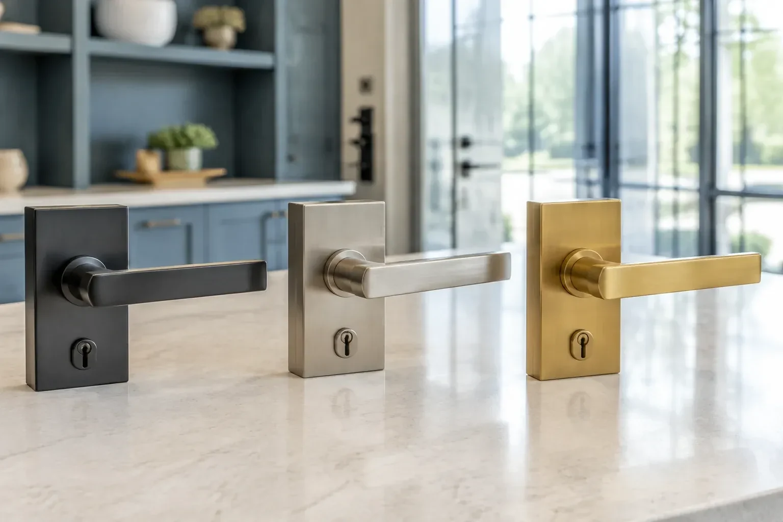 Three rectangular door-handle sets with keyholes in black, silver-colored and gold-colored finishes standing on a countertop. — Commercial Rekeying, Whitby