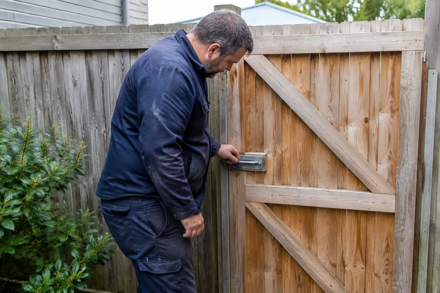 Person touching the sliding metal bolt on a wooden garden gate. — Gate & Building Entry Locks, Whitby