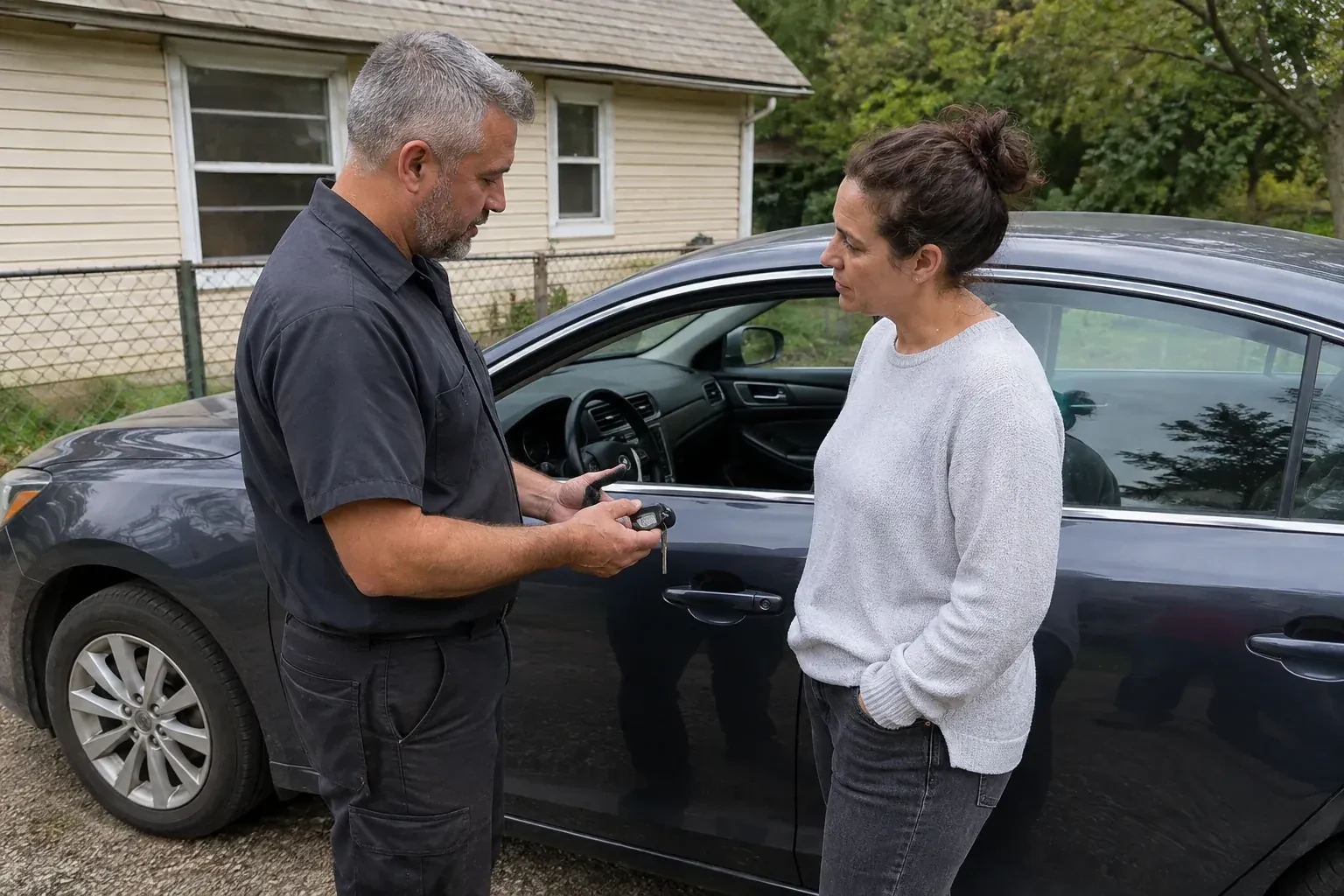 Two people standing beside a car with its window lowered, one holding a key and black key fob. — Ignition Lock Repair, Whitby