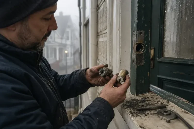Person holding two lock cylinders beside an open painted door, with loose hardware and debris on the sill. — Seized & Jammed Lock Opening, Whitby