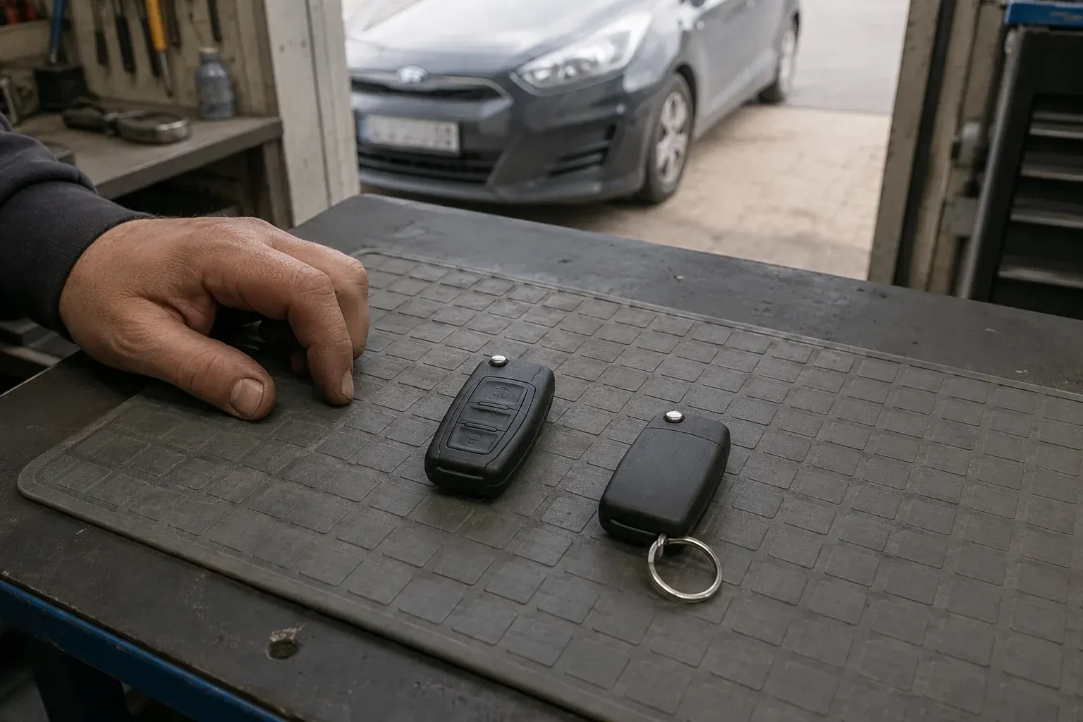 Two vehicle remote fobs on a work mat beside a technician’s hand, with a parked car beyond. — Key Fob Programming, Whitby