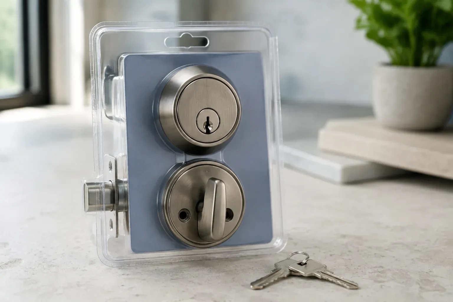 A silver-colored deadbolt set in clear packaging with two keys resting on the countertop in front. — Lock Rekeying, Whitby