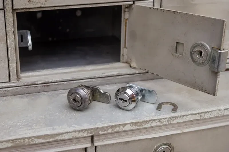 Two loose cam locks and a retaining clip resting below an open metal mailbox compartment. — Mailbox Lock Replacement, Whitby