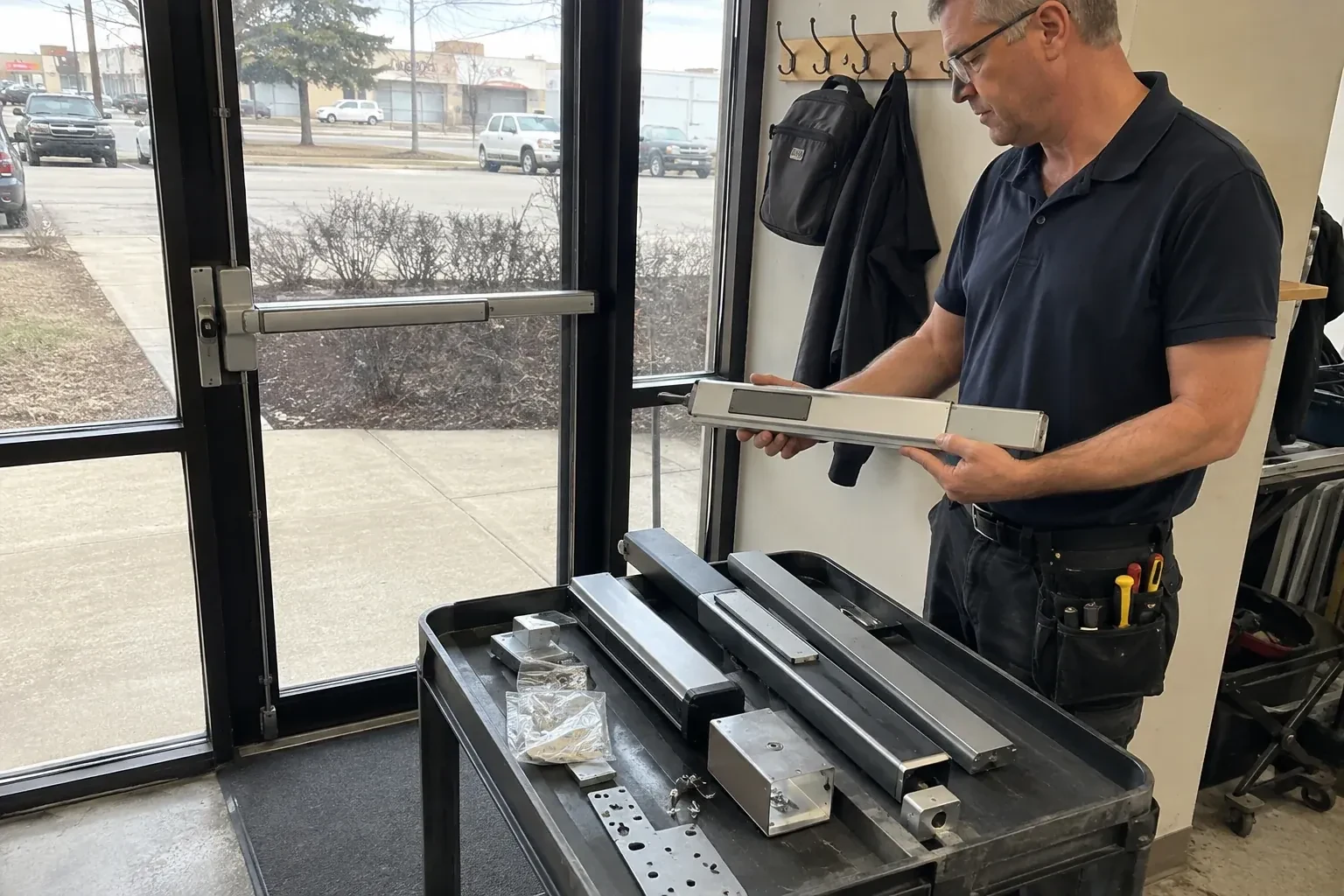 Person holding a long metal door-hardware assembly beside a cart of similar parts and a glass door fitted with a push bar. — Panic & Exit Hardware, Whitby
