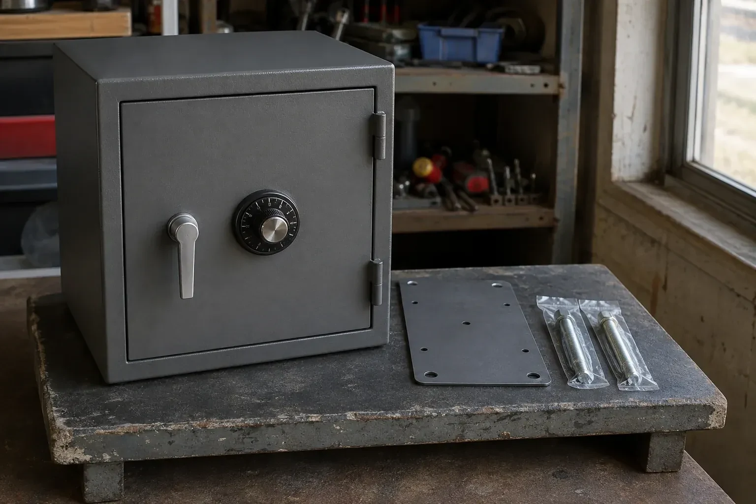 Closed small safe beside a metal plate and packaged fasteners on a workshop bench. — Safe Installation & Servicing, Whitby