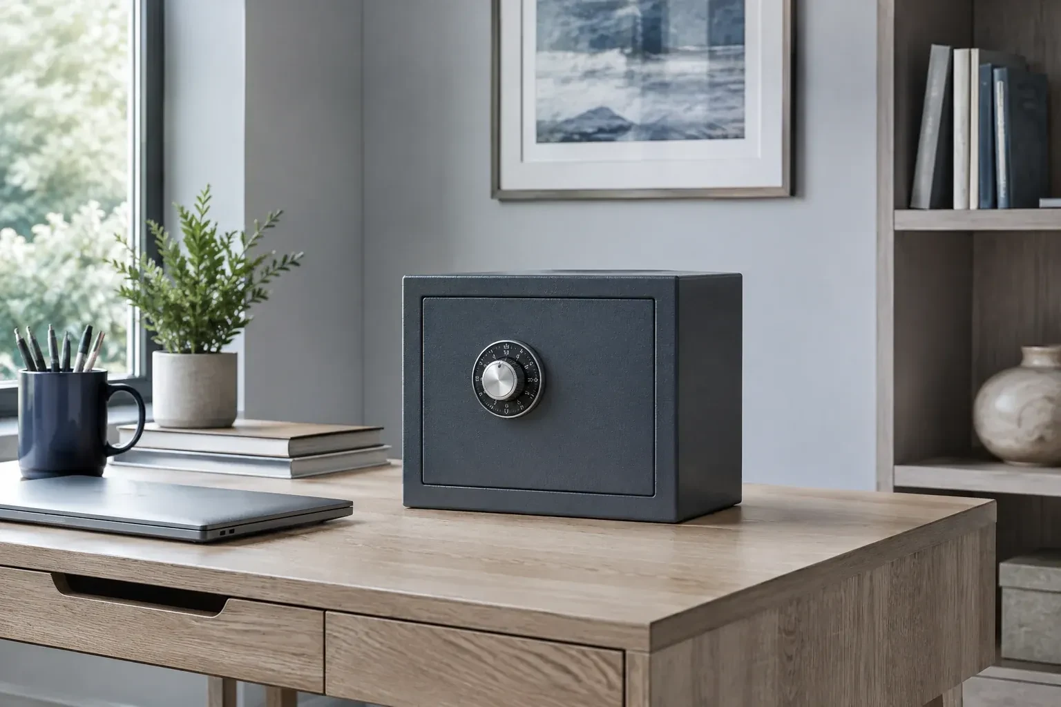 Small dark safe with a combination dial on a wooden desk beside a closed laptop and books. — Safe Opening & Combination Change, Whitby