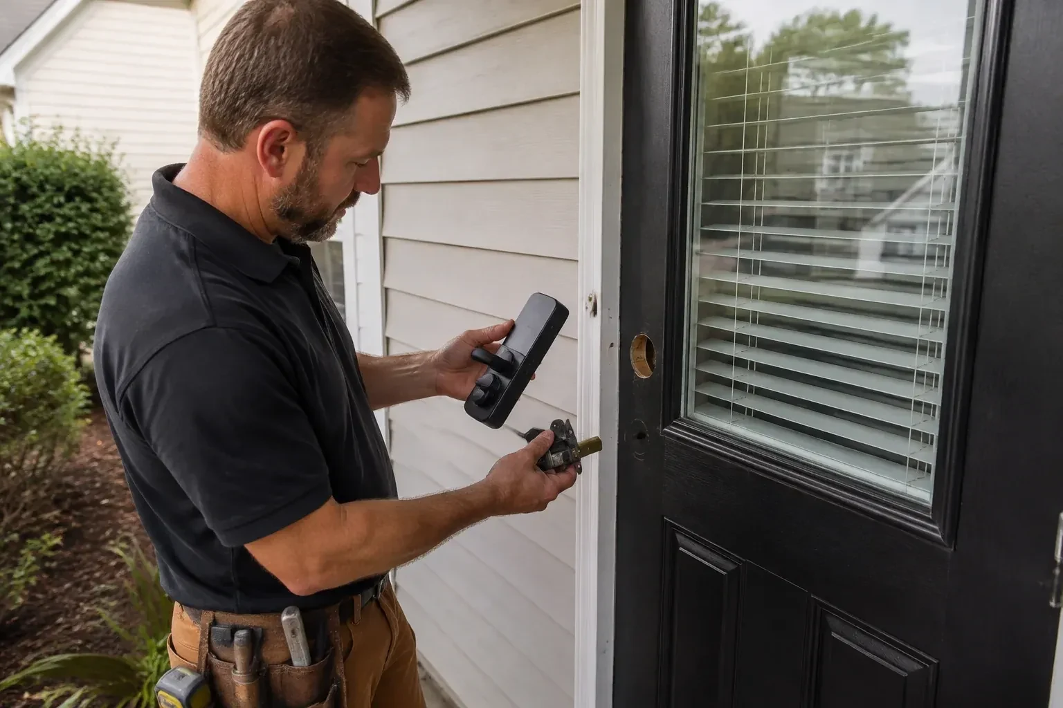 Person holding a black door-handle assembly and a latch beside a glazed door with exposed lock openings. — Smart Lock Installation, Whitby