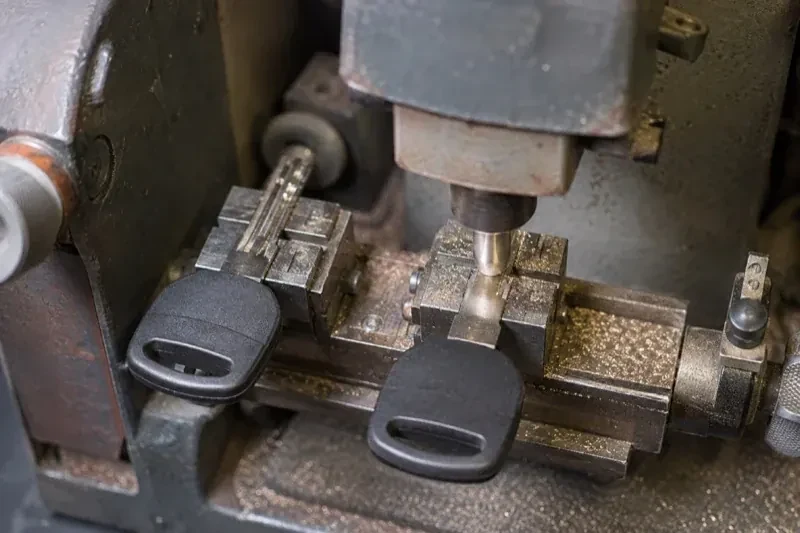 Two black-headed keys clamped in a bench machine, one beneath a vertical cutter, with metal shavings around the clamps. — Spare Car Key Duplication, Whitby