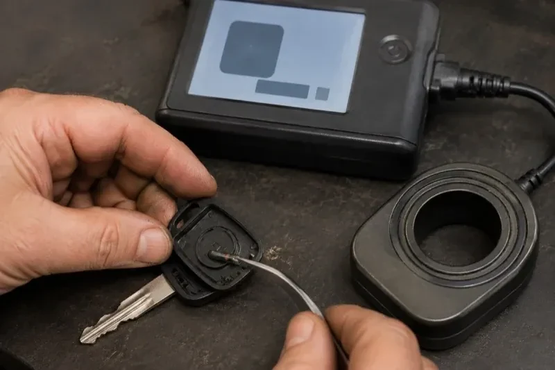 Hands using tweezers at an opened car-key head beside a small electronic unit and a ring-shaped accessory. — Transponder Key Programming, Whitby